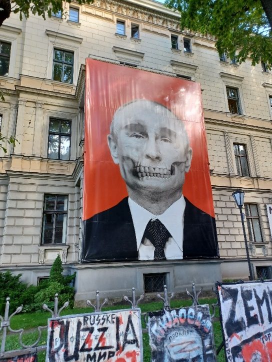 Poster of Vladimir Putin on the Russian Embassy in Riga
