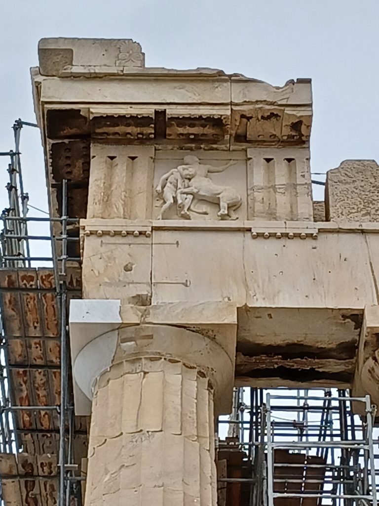 Metope with lapith and centaur atop a Doric column