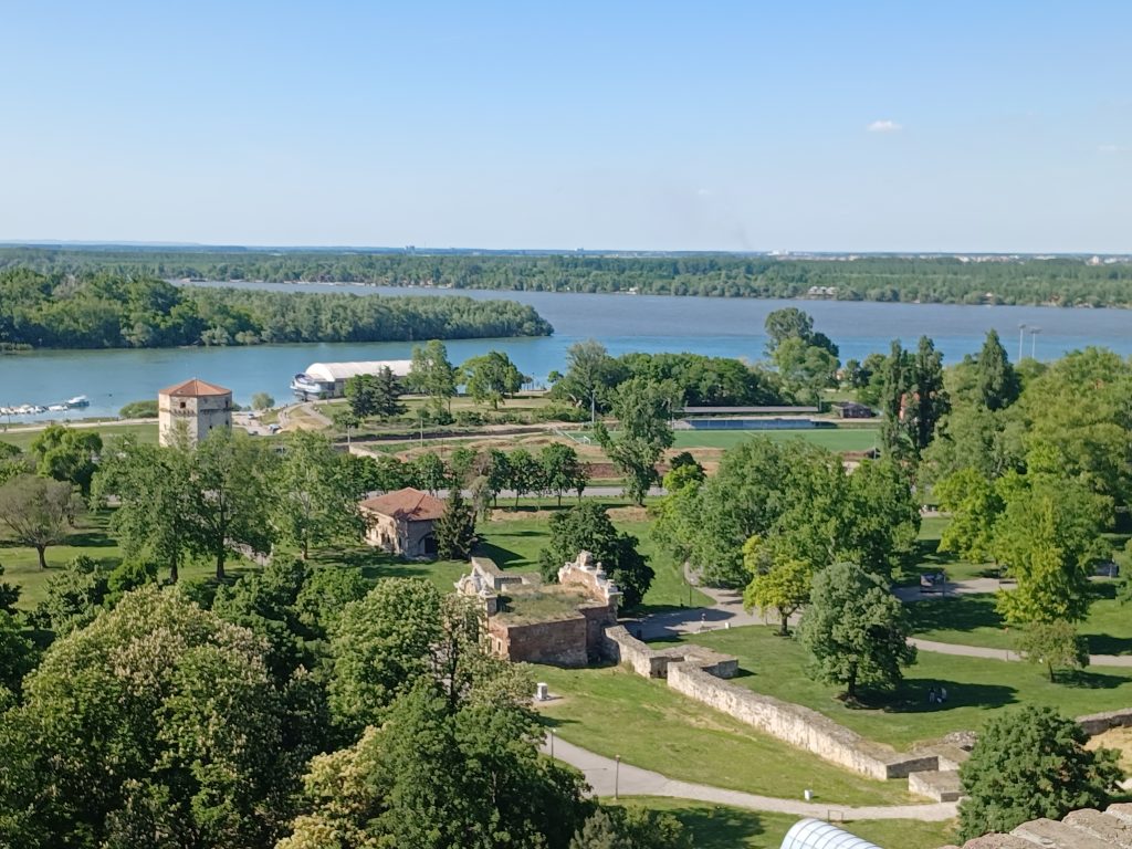 Junction of Danube and Sava rivers and medieval Nebojša Tower, far left
