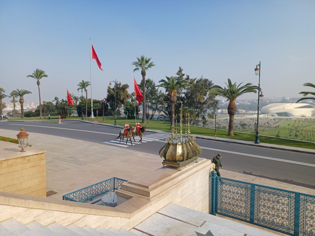 Guards patrolling the road by the mausoleum, Rabat