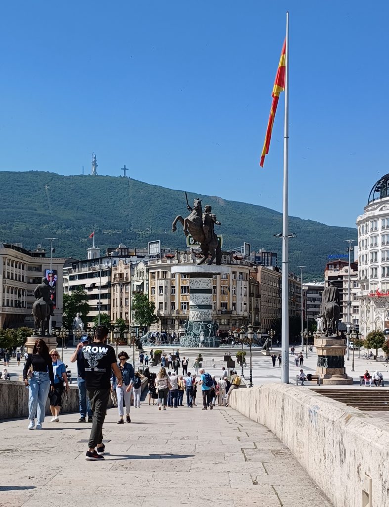 Macedonia Square with equestrian statue of Alexander the Great, Skopje, North Macedonia