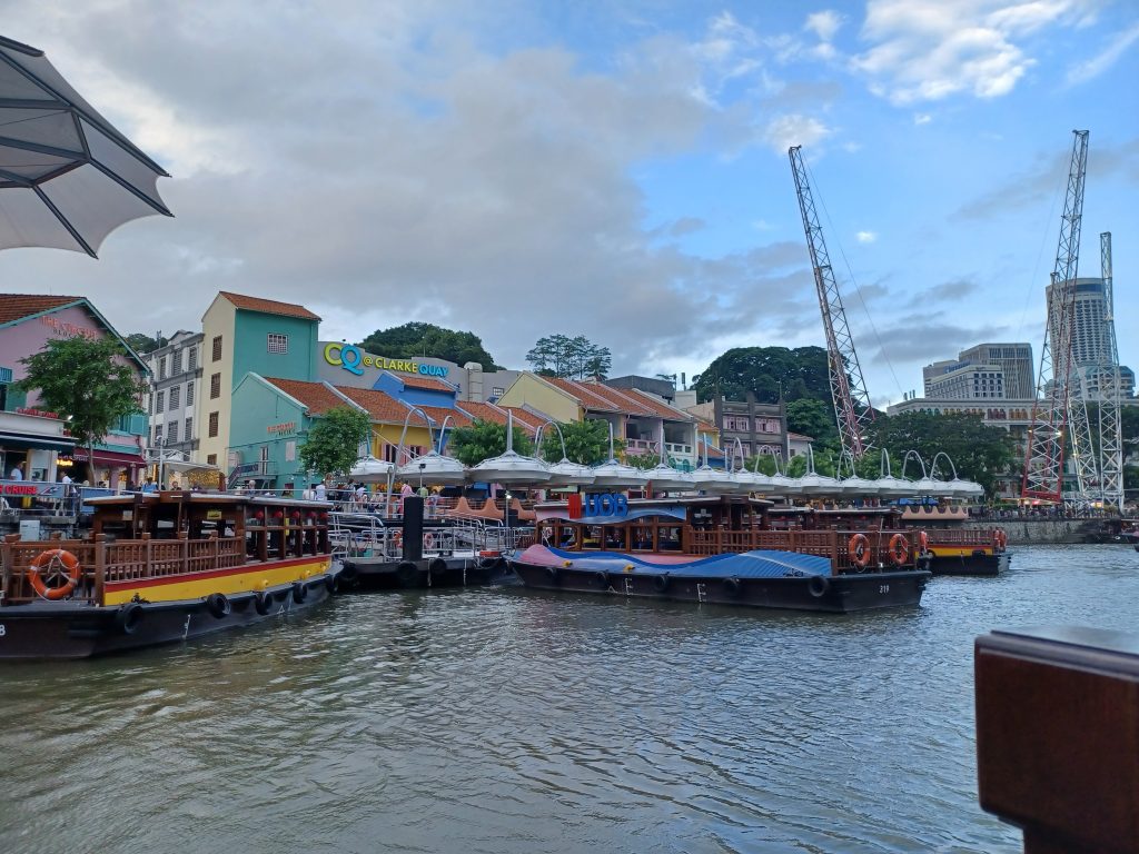 Clarke Quay. Boats and G-MAX Reverse Bungy – to the right