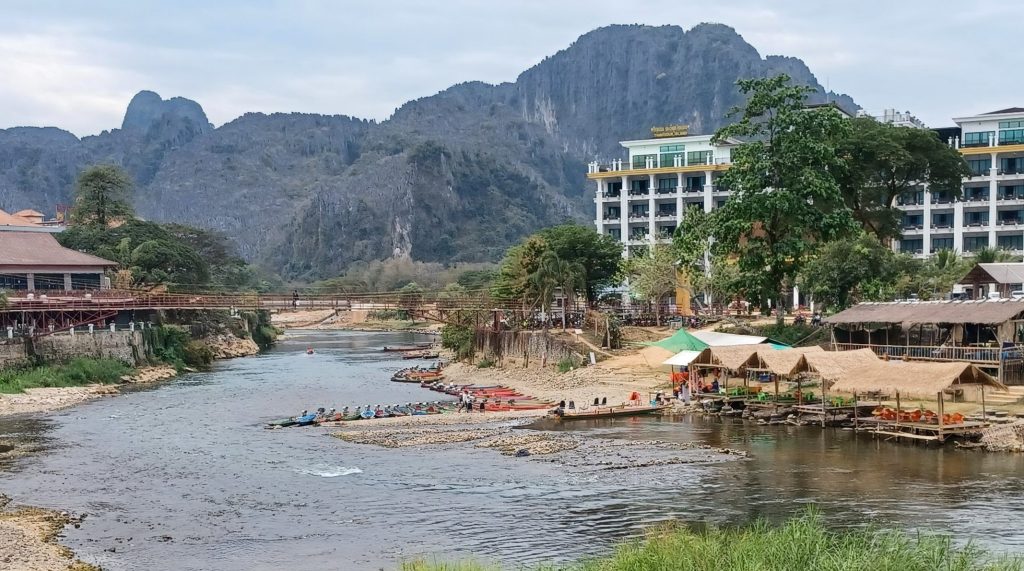 Nam Song with bridge in distance, Vang Vieng