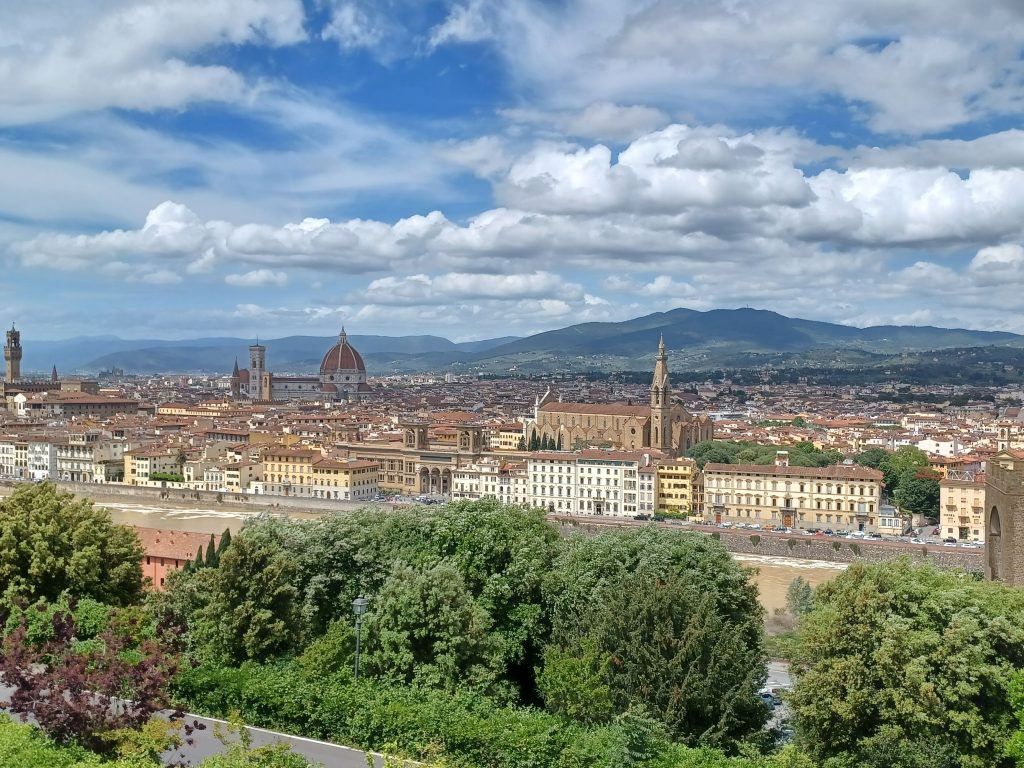 Panorama of Florence from the Piazzale Michelangelo: Left Palazzo Vecchio, centre the Duomo, right the Basilica of Santa Croce, the hill of Fiesole and Mount Morello behind and glimpses of the River Arno