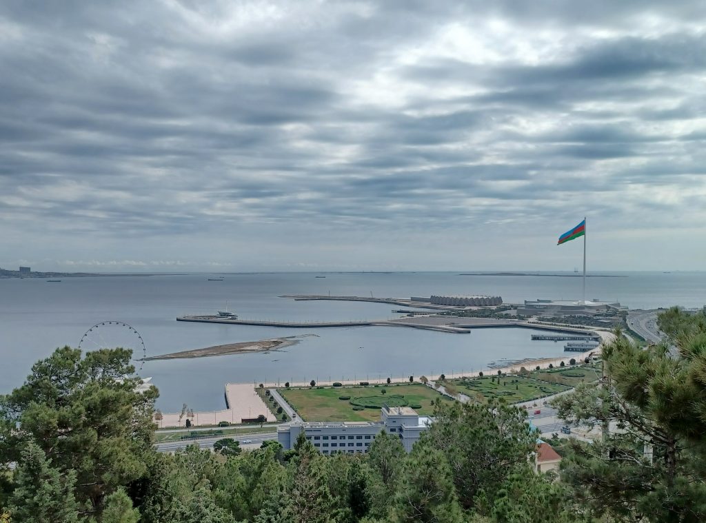 National Flag Square and Crystal Hall, Baku Eye and Caspian Sea