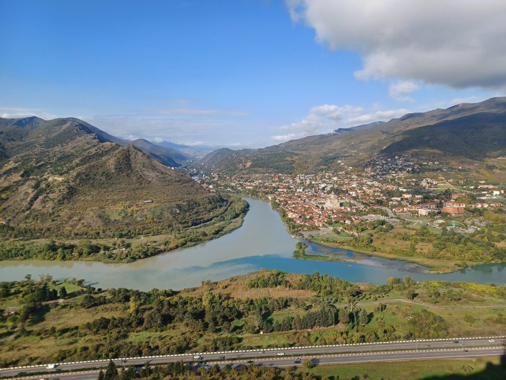 View from Jvari Church overlooking the confluence of the Aragvi and Mtkvari rivers and Svetiskoveli Cathedral