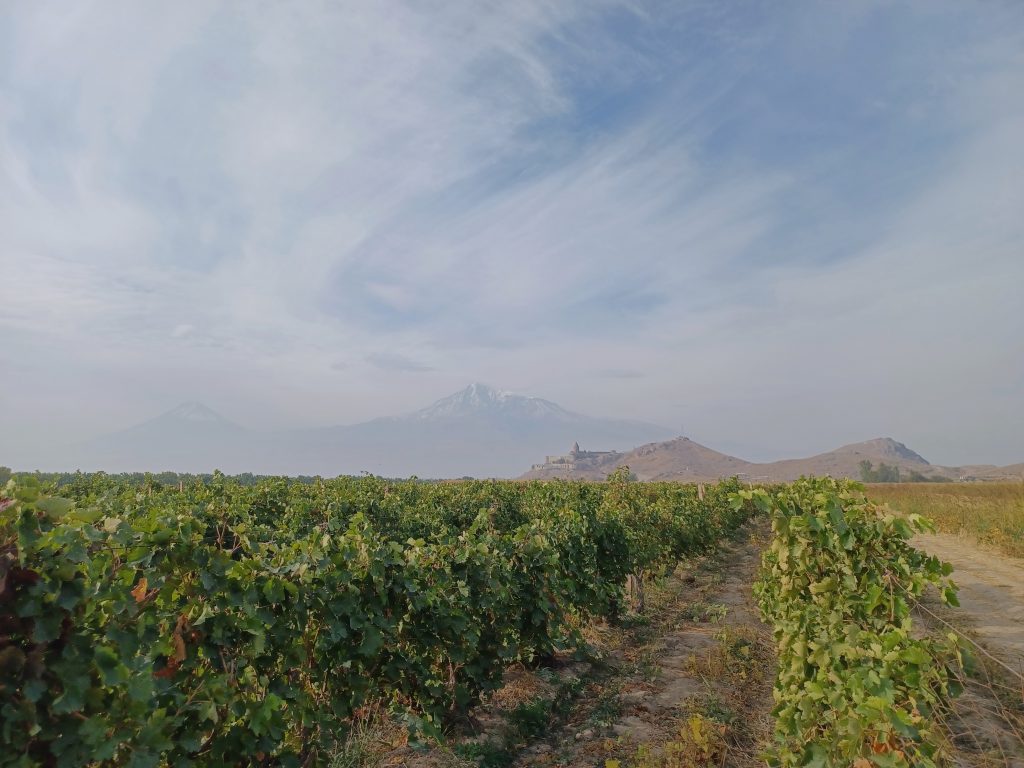 Mount Ararat with Khor Virap Monastery on a lower hill