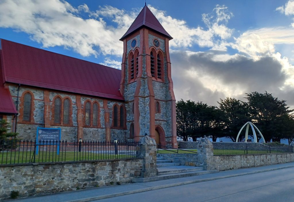Christ Church Cathedral and whale bone arch, Port Stanley
