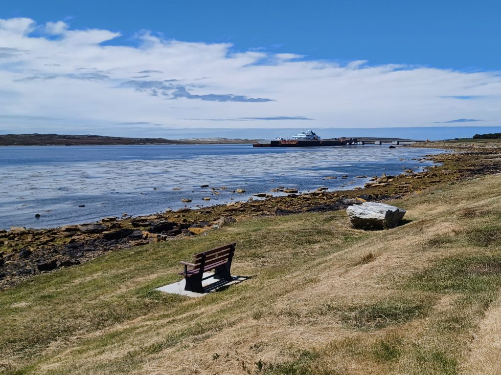 Coastline along Ross Road East. MS Fram in the distance